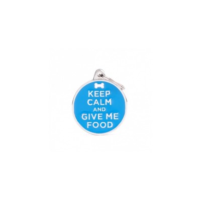 MY FAMILY MEDAGLIETTA IDENTIFICATIVA CERCHIO AZZURRO L KEEP CALM AND GIVE ME FOOD