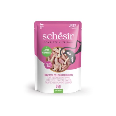 SCHESIR CAT BUSTA COMPLETE TONNETTO E POLLO CON PROSCIUTTO IN JELLY 85GR